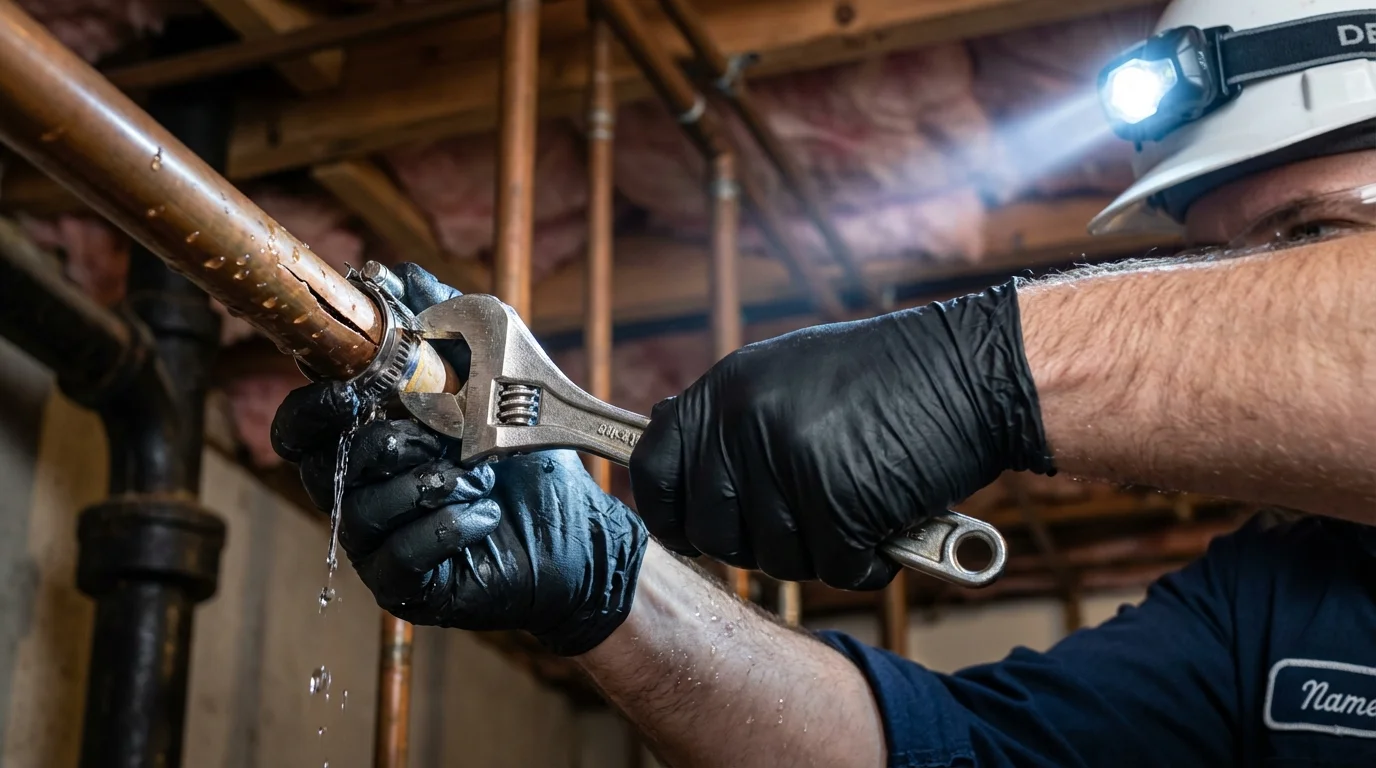 Emergency pipe clamp repair being performed by a Johns Plumbing LLC plumber in Malvern