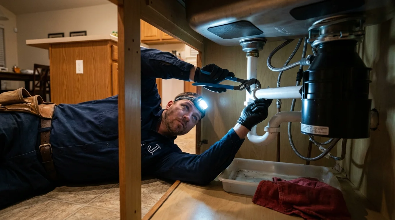 P-trap and supply line connections under a kitchen sink showing a common leak point in Malvern, AR
